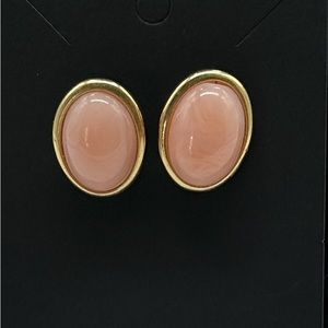Trifari Vintage Gold Tone Earrings Faux Pink Stone Statement Oval Disc Earrings